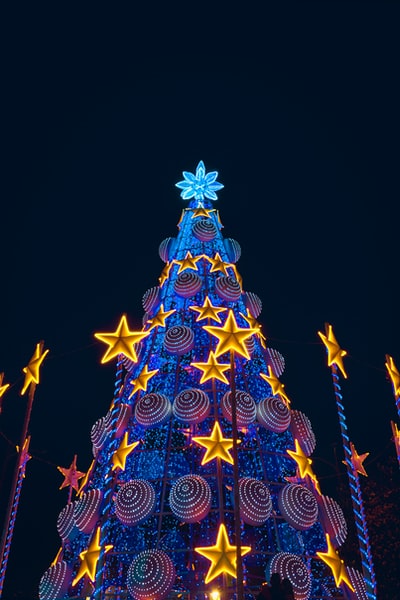 蓝色和红色的圣诞树，带串灯